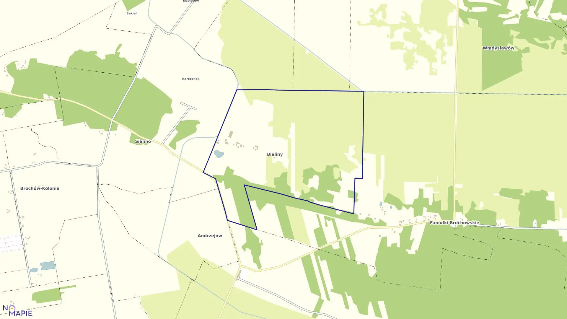 Mapa obrębu BIELINY w gminie Brochów